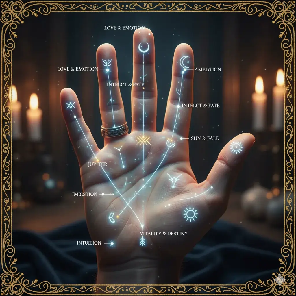 Illustration of palm reading and hand lines