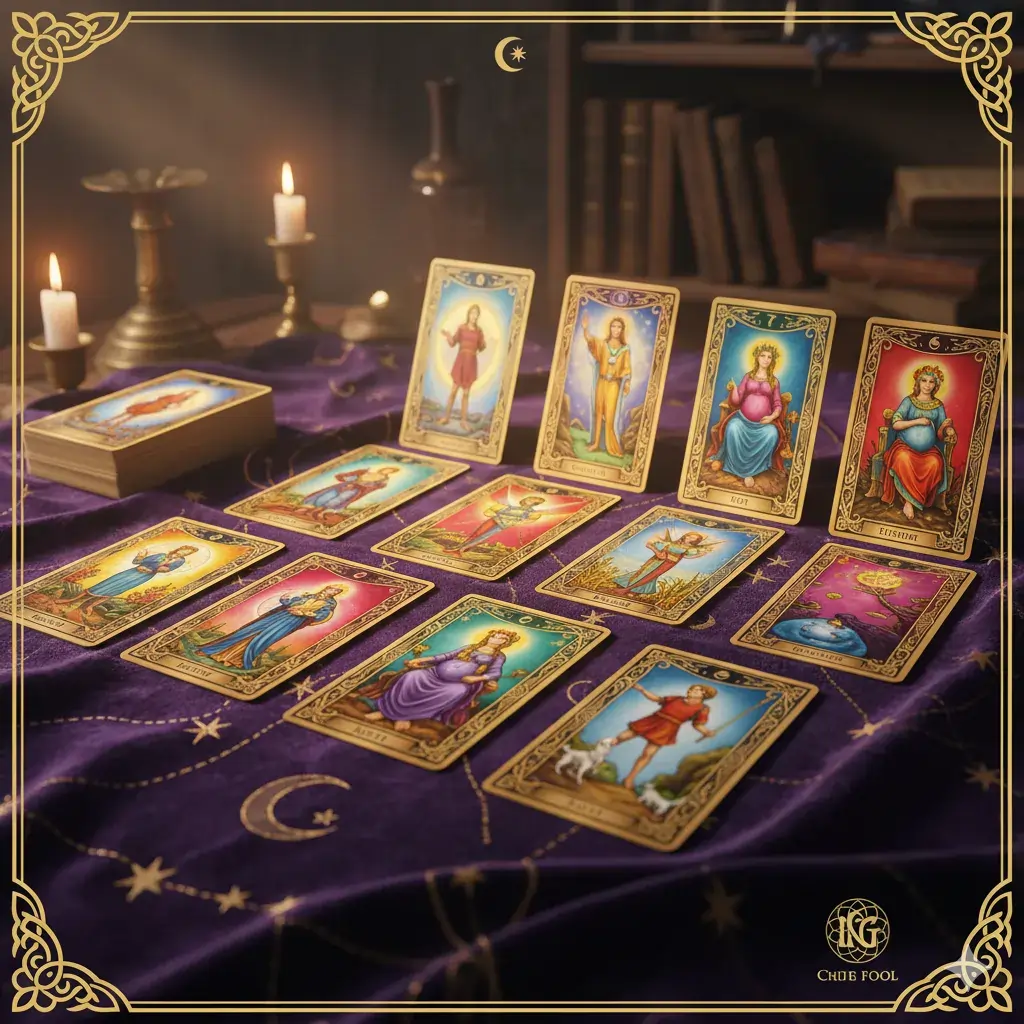 Tarot cards spread on a table